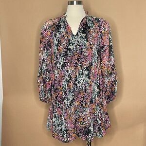 Vince Camuto Orange Floral Tiered Dress Long Sleeve Ruffle Neck Size Small